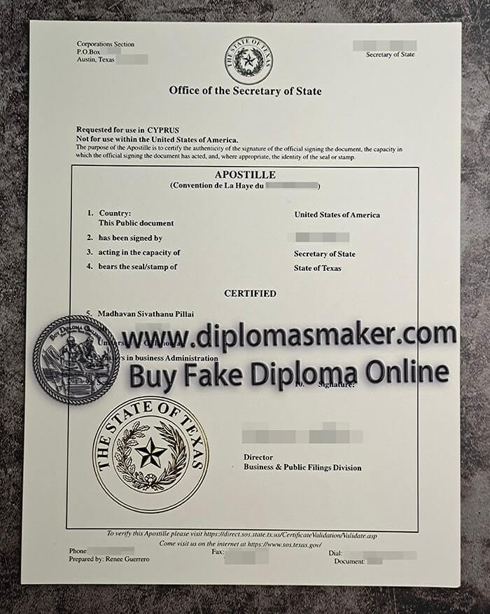 purchase fake State of Texas Apostille certificate