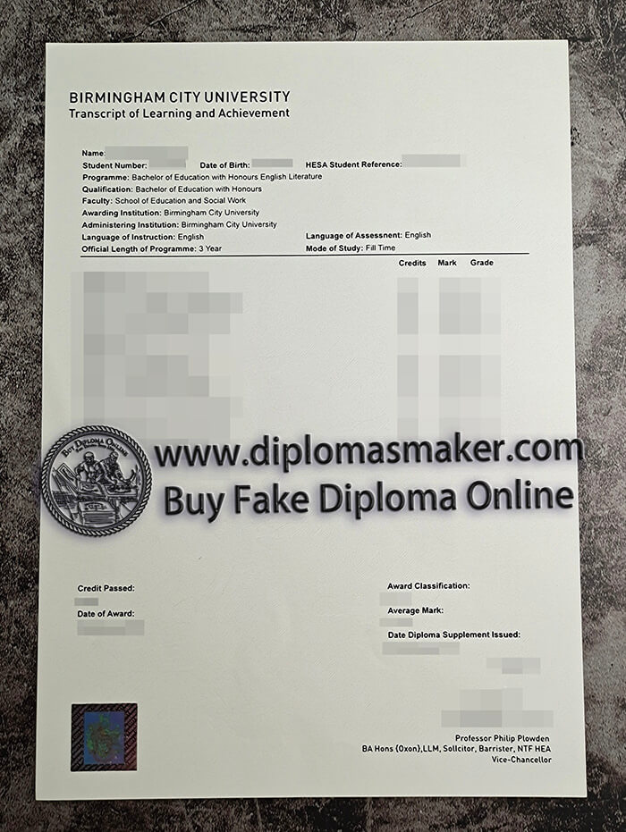 purchase fake Birmingham City University Transcript