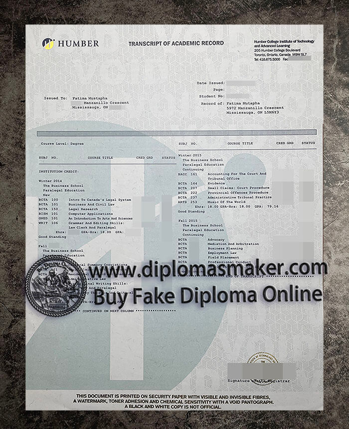 purchase fake Humber College Transcript