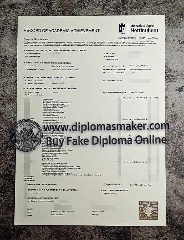 purchase fake University of Nottingham Transcript