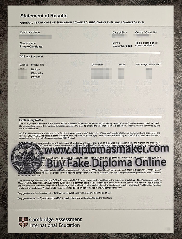 purchase fake Cambridge Assessment International Education transcript