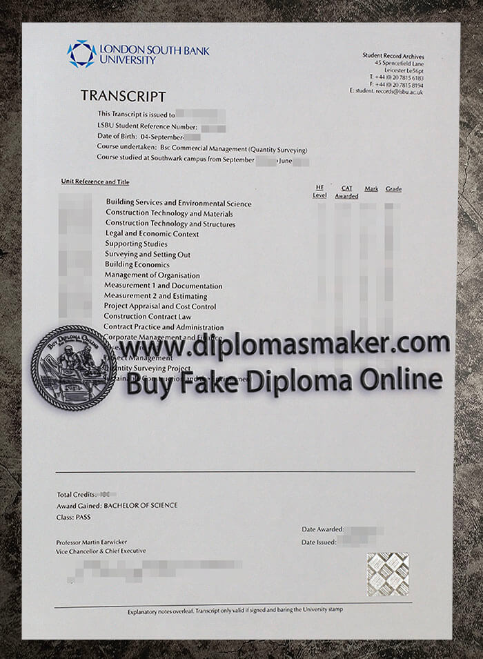 purchase fake London South Bank University Transcript