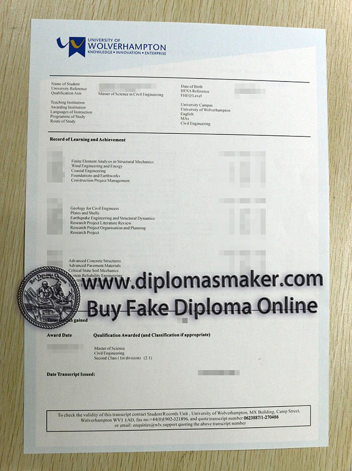 purchase fake University of Wolverhampton Transcript