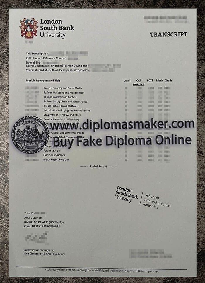 purchase realistic London South Bank University Transcript
